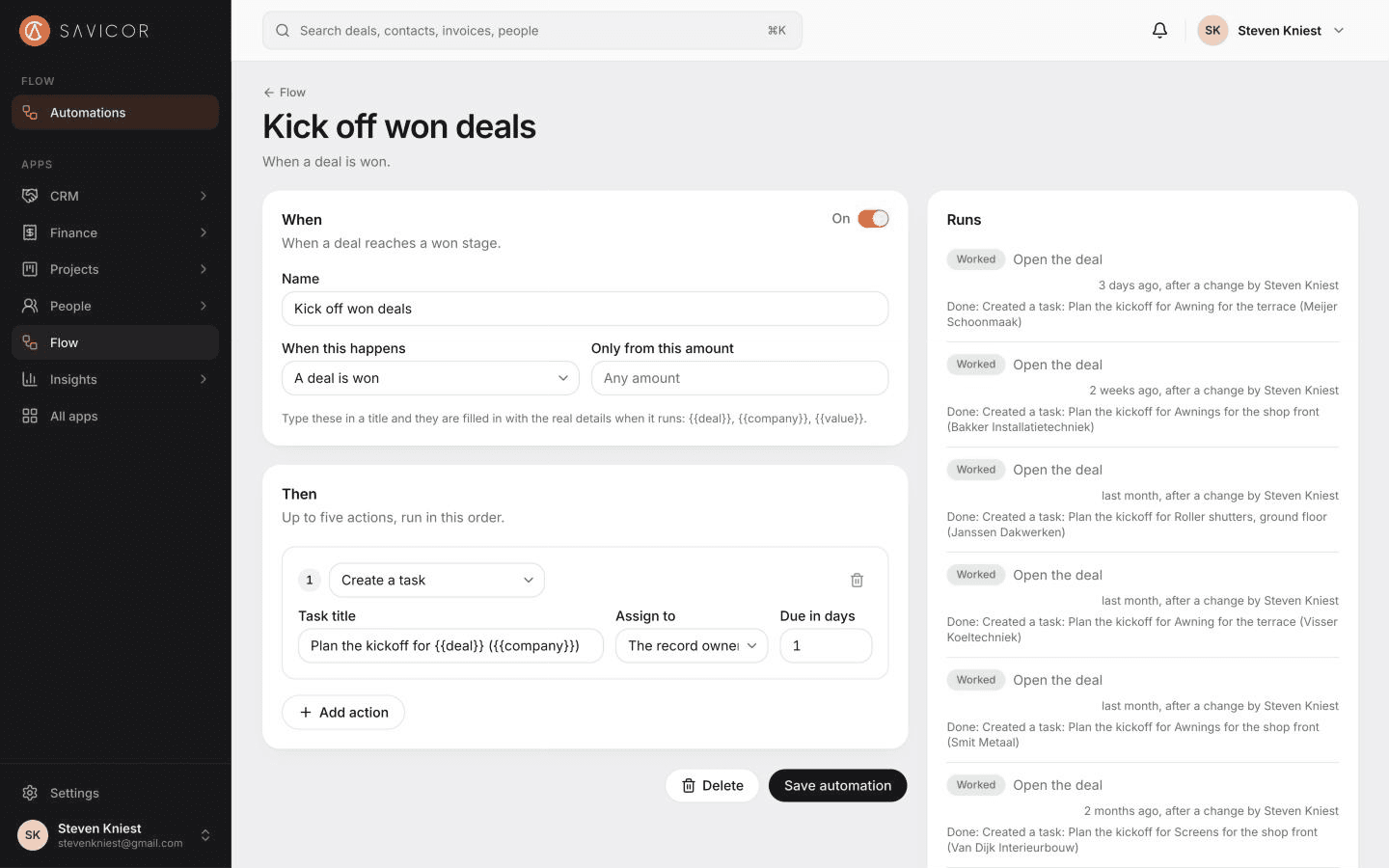An automation: when a deal is won, create a kickoff task and notify the admins.