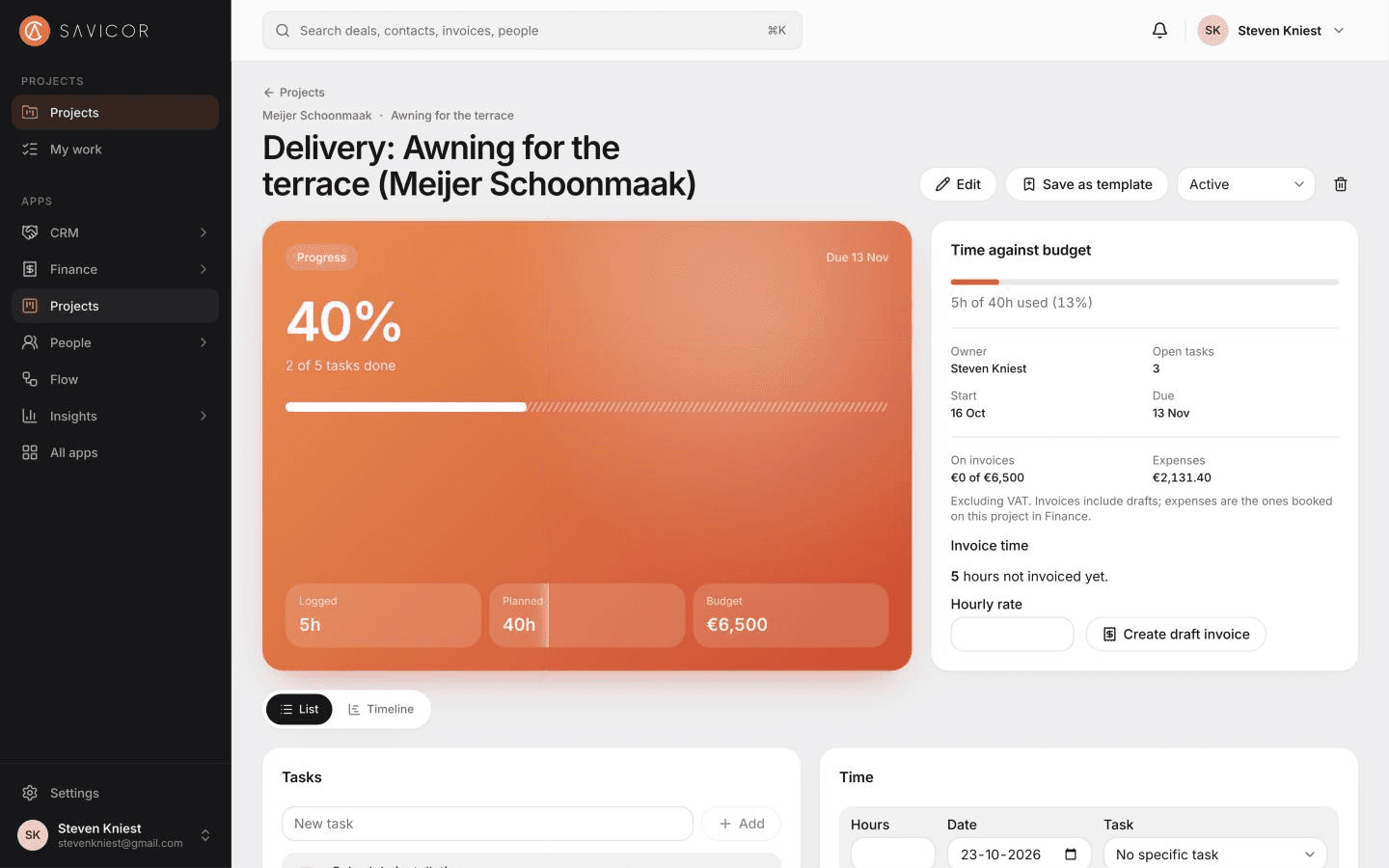 A project page with task progress, hours against the budget, the task list with owners and the time entries.
